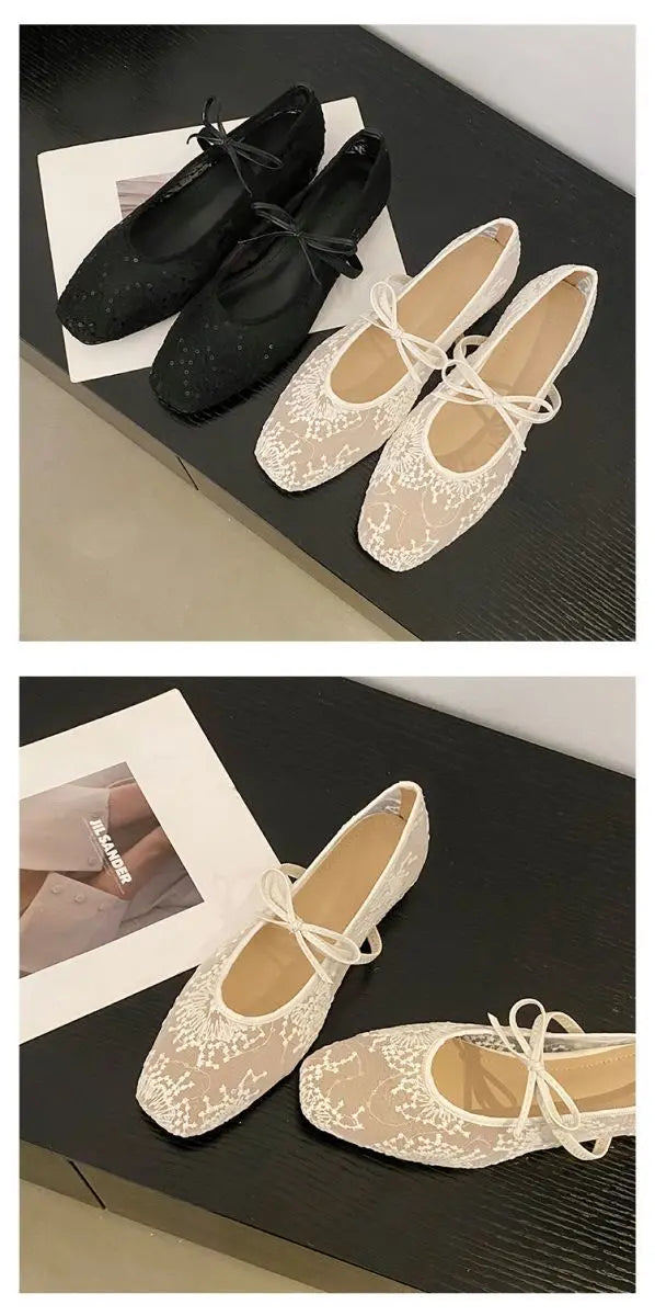 Women's embroidered ballet flats with square toe design and delicate bow for all-day wear