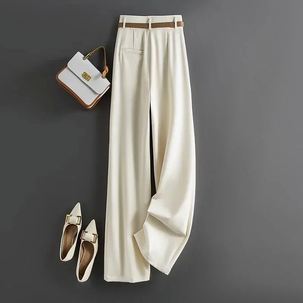 Elegant wide-leg work trousers for women in cotton blend, high waist, perfect for office wear and business casual outfits.