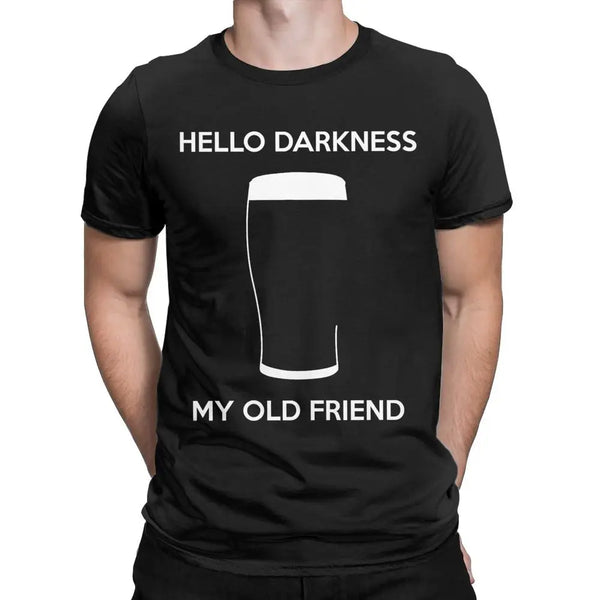 Hello Darkness Beer Lover's Cotton T-Shirt in black, featuring a playful beer print, perfect for casual outings and gifts.