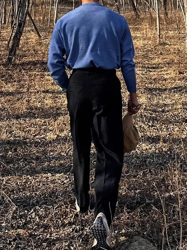 Vintage high-waist straight trousers for men, perfect for spring and summer, featuring pleated front and zipper closure.