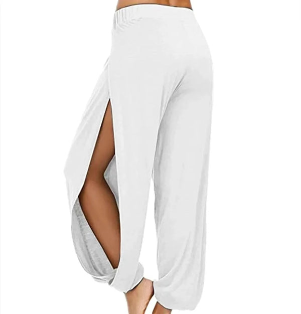 Chic high-waisted slit yoga pants for women, perfect for yoga, gym, or casual wear in breathable, stretchy fabric.