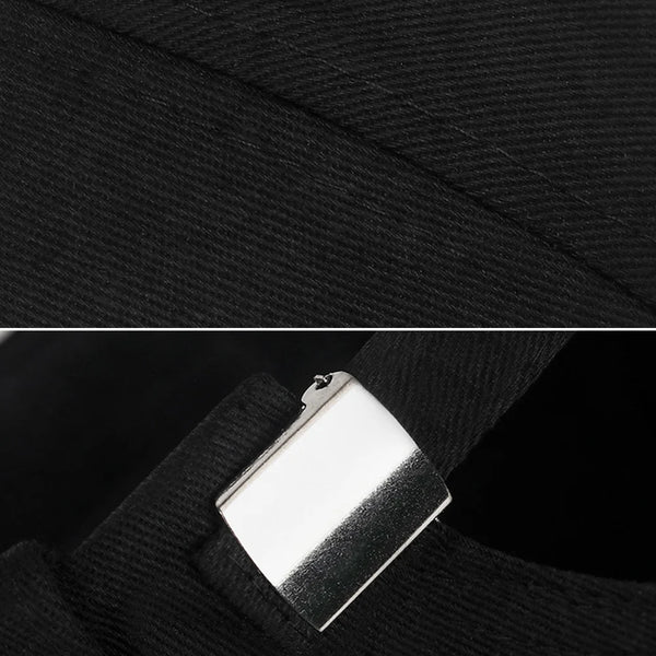 Cotton polyester docker cap in black with adjustable back closure