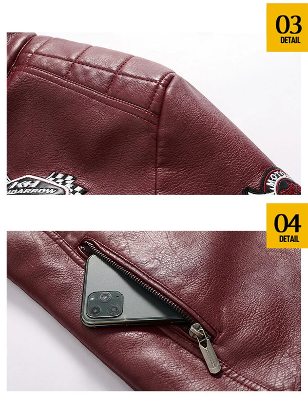 Stylish Men's PU Leather Biker Jacket in black, red, and dark blue with embroidery, perfect for winter and casual outings.