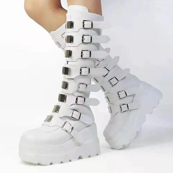 Gothic knee-high platform boots for women with wedge heel, buckle closure, perfect for cosplay, Halloween, and edgy fashion.