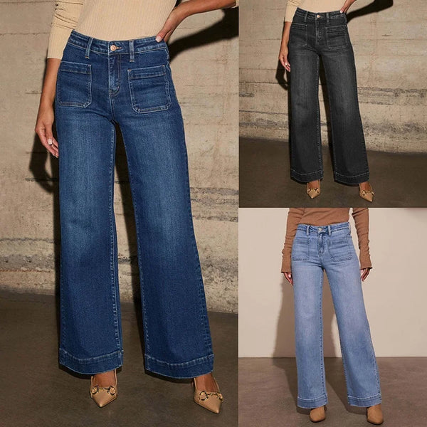Chic high-waisted wide-leg jeans for women with pockets, distressed details, and a comfortable cotton blend for stylish wear.