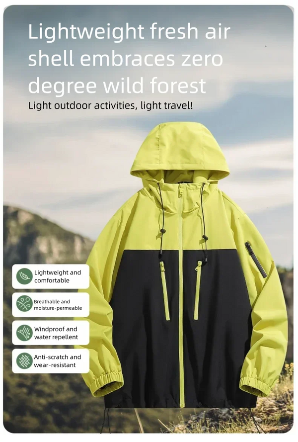 Men's waterproof hiking and urban windbreaker jacket with full-zip closure, oversized fit, and ribbed cuffs for warmth.