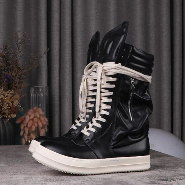 Midnight Ride Leather Boots in sleek black cow leather with lace-up closures.