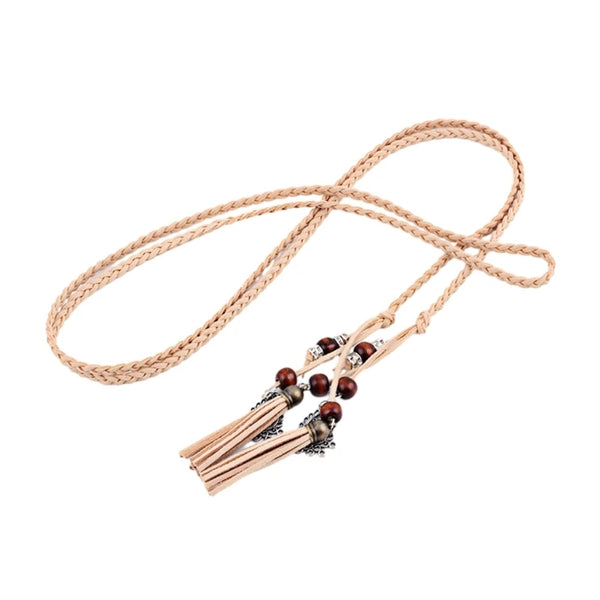 Bohemian braided faux leather skinny belt for women in camel, perfect for casual and formal outfits with fringe accents.