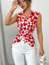 Chic geometric print ruffle blouse for women, lightweight jersey, slim fit, perfect for summer casual or elegant occasions.