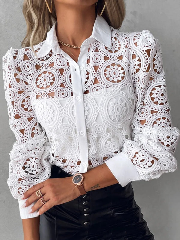 Elegant white lace blouse with long sleeves, turn-down collar, perfect for office wear and formal occasions.