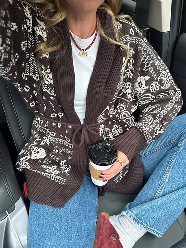 Cotton-polyester Fair Isle cardigan with adjustable waist tie detail