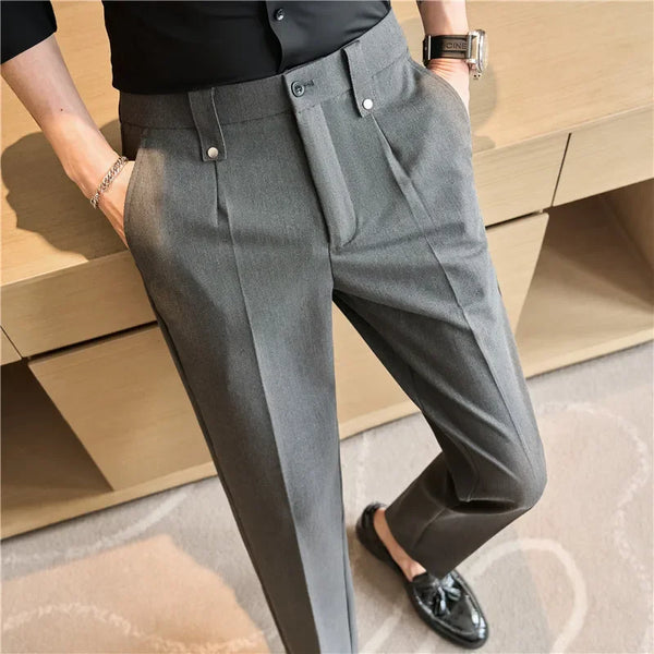 Men's slim fit dress pants in British style with elastic waist, perfect for casual or formal occasions, made from polyester b