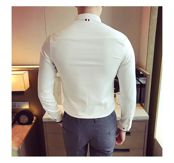 Elegant men's slim-fit dress shirt in solid color, perfect for spring, made from cotton, polyester, and spandex blend.