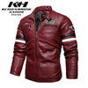 Stylish Men's PU Leather Biker Jacket in red, dark blue, and black with embroidery, perfect for winter and casual outings.