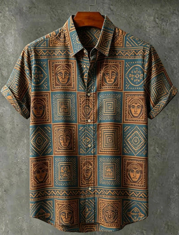 Men's casual short sleeve shirt with wanderlust-inspired tribal print and traditional collar styling