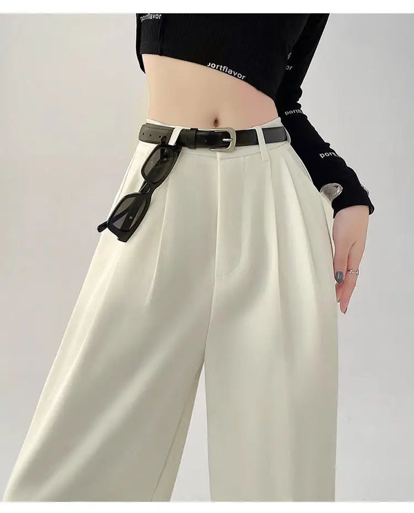 Chic high waist wide leg trousers with belt, perfect for office and casual wear, made from breathable polyester blend.