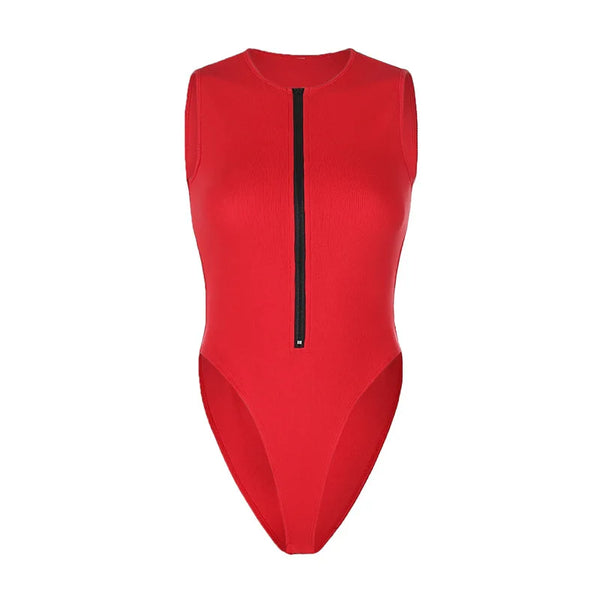 Sleeveless zipper bodysuit showing versatile styling options