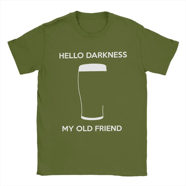 Hello Darkness Beer Lover's Cotton T-Shirt in black, featuring a playful beer print, perfect for casual outings and gifts.