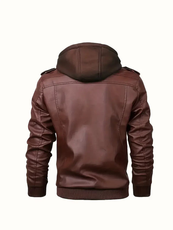 Sleek men's PU leather biker jacket with detachable hood, slim fit, perfect for autumn and winter casual wear.