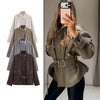 Belted Elegance Loose-Fit Autumn Jacket in neutral tone with turtleneck collar and sash belt
