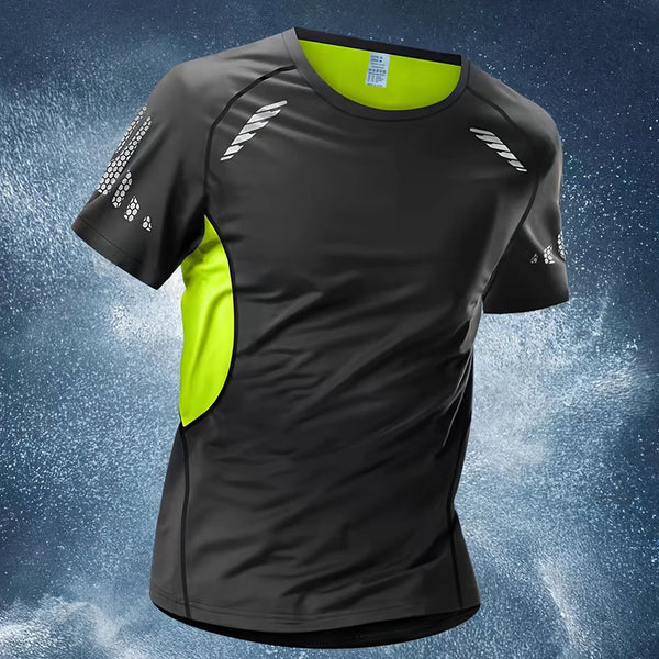 Breathable quick-dry men's sports tee in lightweight fabric, perfect for summer fitness and casual wear. O-neck, short sleeve