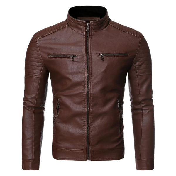 Stylish men's faux leather biker jacket in slim fit with stand collar, perfect for casual outings and motorcycle rides.