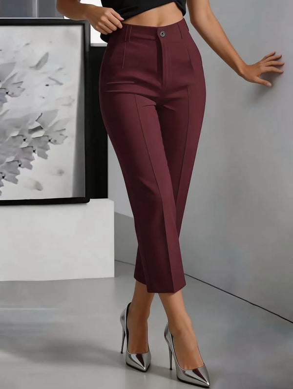 Side view of straight leg trousers showing clean lines and medium stretch fabric drape