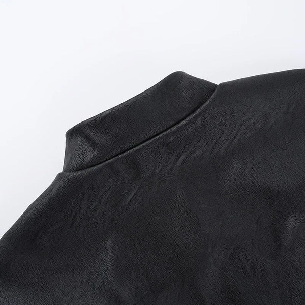 Chic cropped faux leather biker jacket for women with rivet detailing and slim fit, perfect for edgy streetwear style.