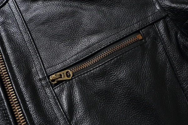 Premium men's leather biker jacket in rich brown with stand collar, crafted from durable first-layer calfskin leather.