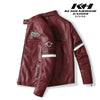 Stylish Men's PU Leather Biker Jacket in red, black, and dark blue with embroidery, perfect for winter and casual outings.