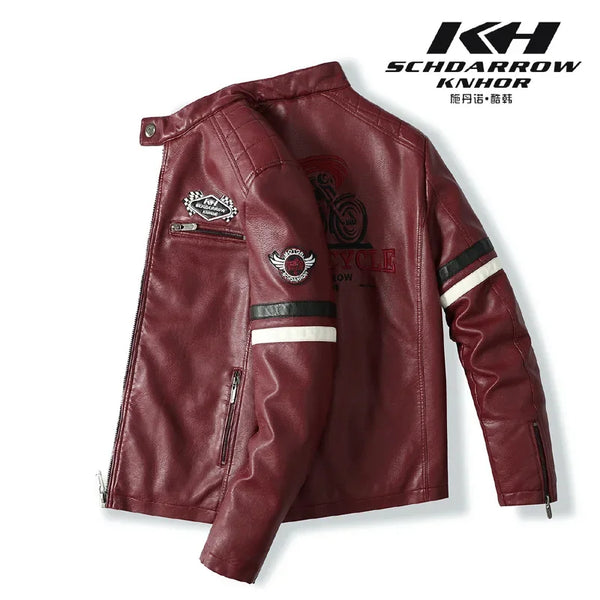 Stylish Men's PU Leather Biker Jacket in red, black, and dark blue with embroidery, perfect for winter and casual outings.
