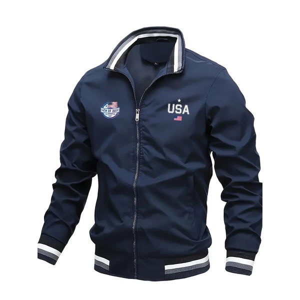 Men's Casual Varsity Bomber Jacket with USA print, stylish and comfortable for spring and autumn wear, featuring ribbed cuffs