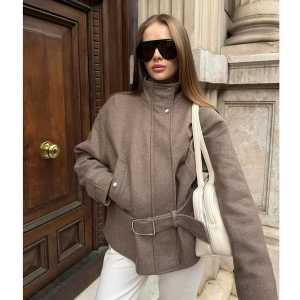 Belted jacket with relaxed fit and turtleneck collar perfect for fall layering