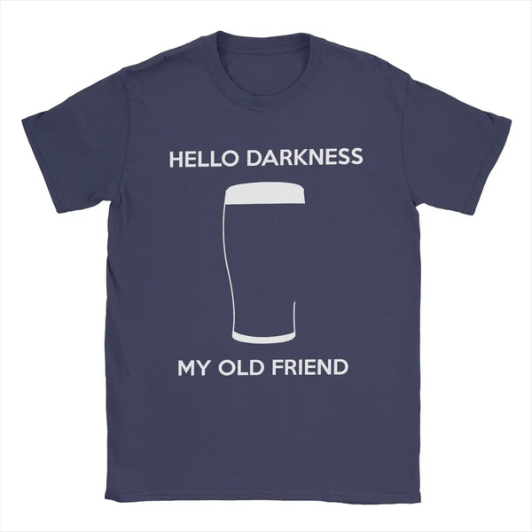 Hello Darkness Beer Lover's Cotton T-Shirt in black, featuring a playful beer print, perfect for casual outings and gifts.