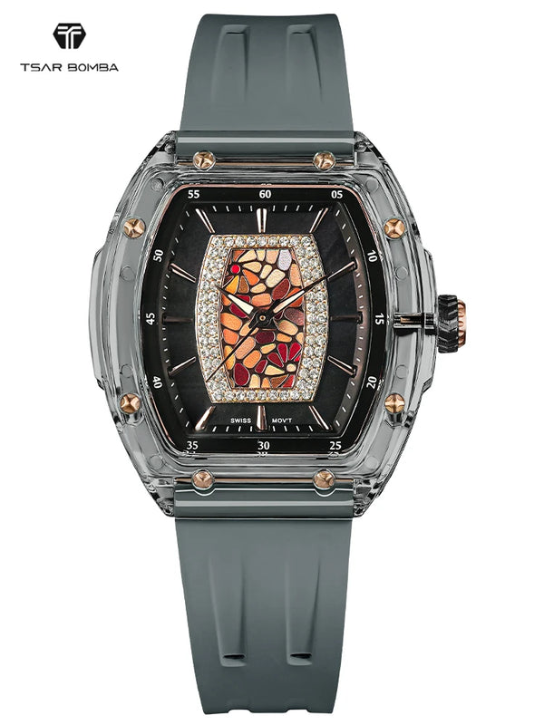 Sapphire crystal watch with a luxe rubber band, perfect for evening elegance.