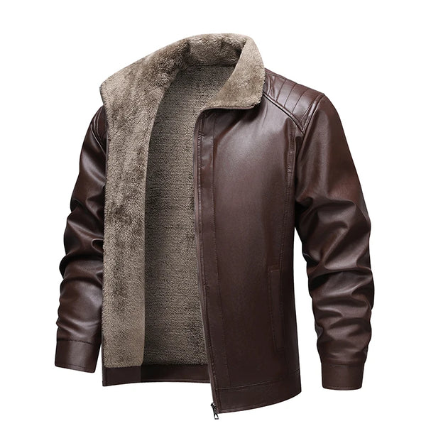 Men's fleece-lined biker jacket showcasing premium faux leather material.