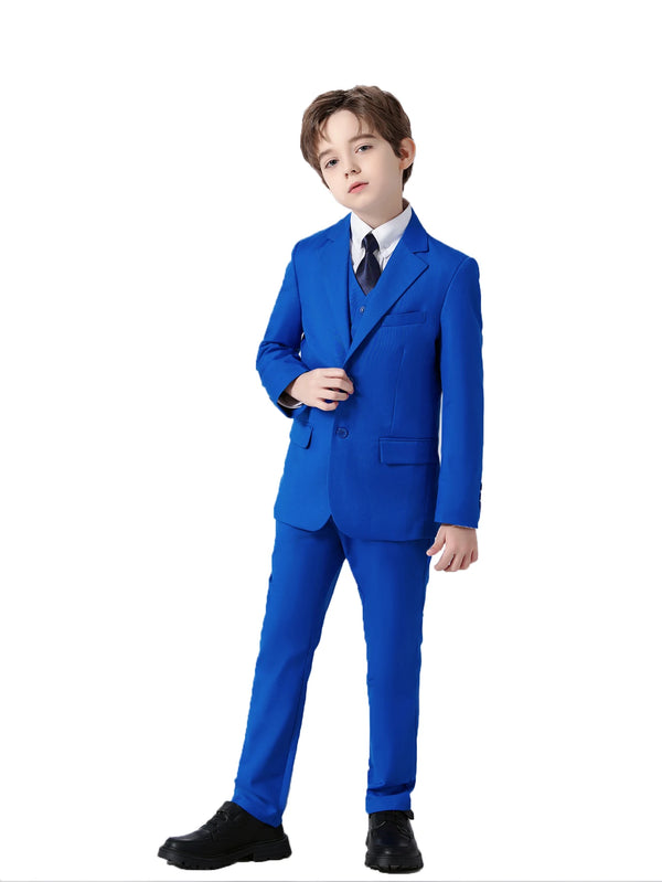 Boys' colorful slim fit suit set on a hanger, showcasing the full outfit.