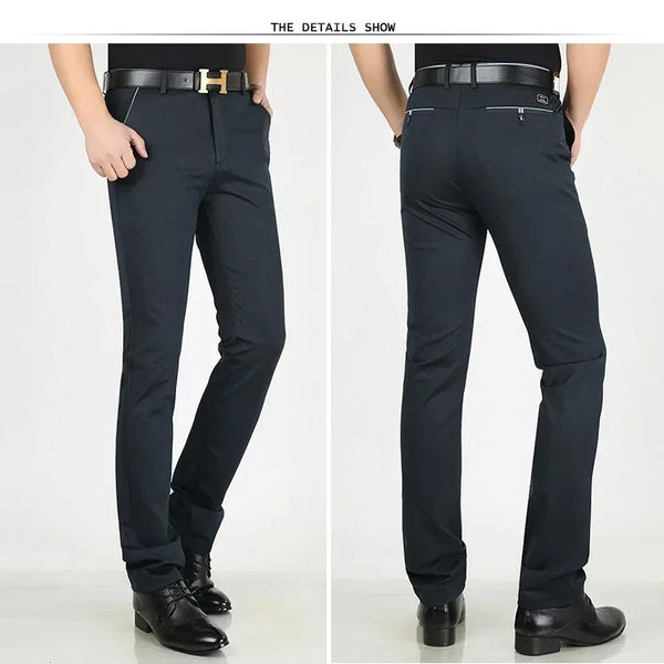 Classic men's dress pants in premium cotton, perfect for business and casual wear with a straight leg and zipper fly closure.