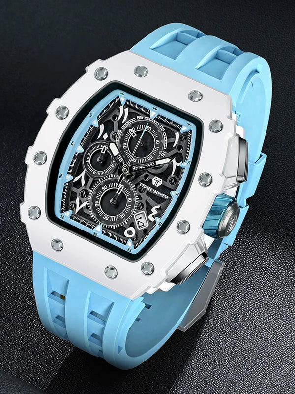 Back view of TSAR BOMBA watch displaying Seiko VK67 quartz movement.