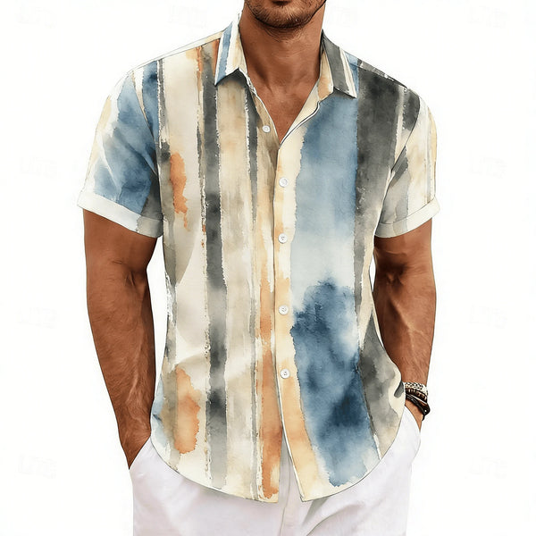 Retro striped button-up featuring turn-down collar and breathable fabric for warm weather wear