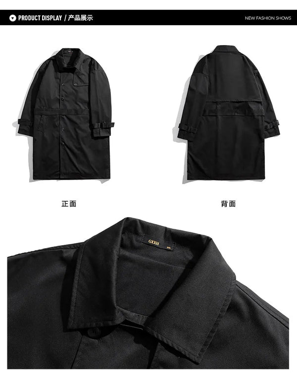 Men's Casual Trench Coat in Plus Sizes, single-breasted, loose fit, medium length, stylish outerwear for autumn and winter.