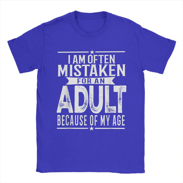 Men's humorous "Mistaken For An Adult" cotton tee, breathable, relaxed fit, perfect for casual wear and gifts.