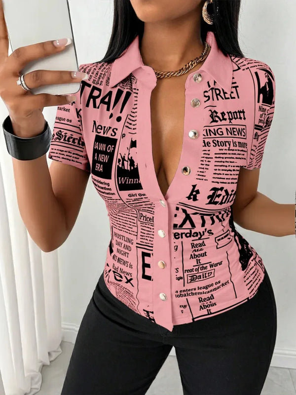 Chic Newspaper Print Blouse in V-neck style, perfect for casual or office wear, made from breathable polyester.