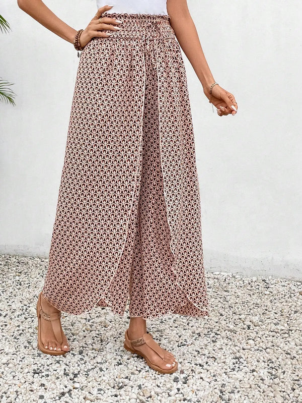Floral wide-leg chiffon pants for women, ankle-length, elastic waist, perfect for summer fashion and casual chic outfits.