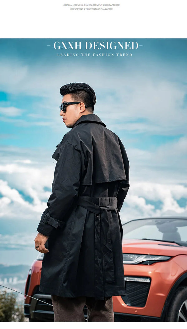 Men's casual trench coat in plus sizes, single-breasted, medium length, loose fit, stylish outerwear for autumn and winter.
