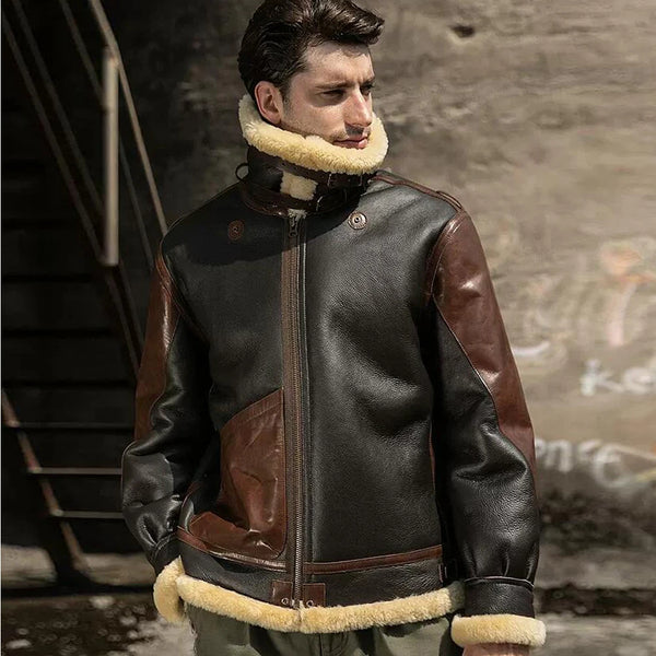 Shearling leather bomber jacket in rich brown with warm wool lining.