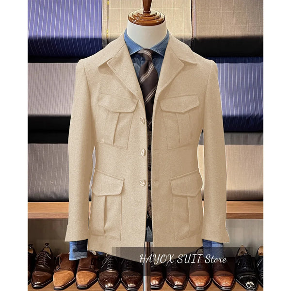 Vintage tweed herringbone men's blazer with four pockets, notched collar, and single-breasted design for stylish occasions.