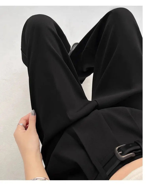 Chic high waist wide leg trousers with stylish belt, perfect for office and casual wear, made from breathable polyester blend