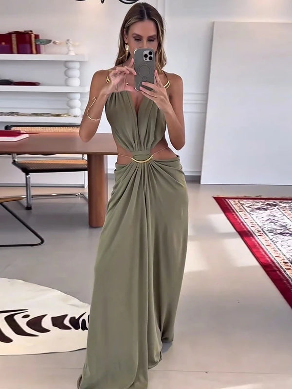 Elegant polyester halter dress featuring open back design and side waist cutouts