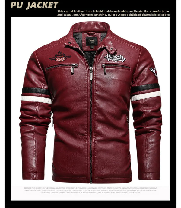 Stylish Men's PU Leather Biker Jacket in red, black, and dark blue with embroidery, perfect for winter and casual outings.